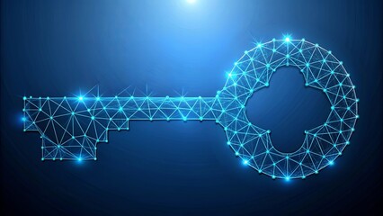 Abstract geometric key symbolizing unlocking cosmos potential on blue background