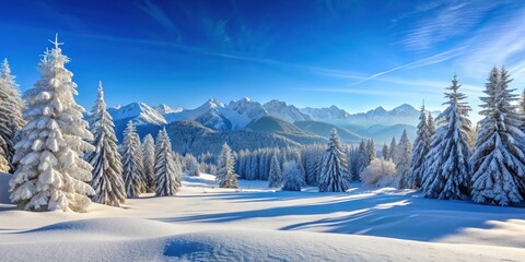 Snow-covered winter landscape with a panoramic view of snow-covered trees, mountains, and a clear blue sky, snowy, winter