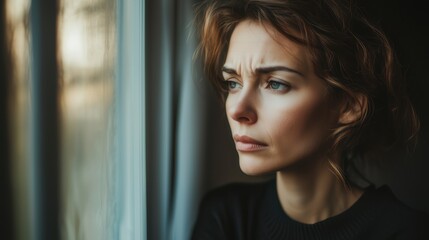  Close-up of a mid-adult woman gazing thoughtfully out of a window, her expression conveying a sense of longing and contemplation.