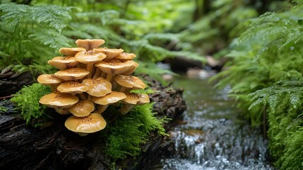 Enchanting Cluster of Champagne Mushrooms Nestled amid Mossy Log and Flowing Stream