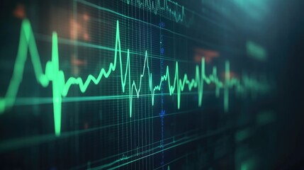Macro image of an ECG monitor screen displaying heart rhythms, with the green line glowing against a dark background, no people