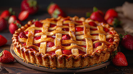 Strawberry pie with lattice crust on a dark background. Close-up food photography of a freshly baked dessert.