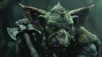 Fototapeta premium Primitive Goblin Warrior with an axe. AI generated image