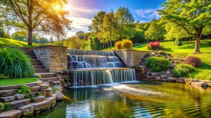 Artificial embankment with waterfall in a sunny park setting , park, artificial, embankment, waterfall, sunny, afternoon