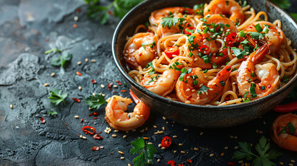 Shrimp and pasta dish in a black bowl garnished with parsley and chili flakes. Close-up food photography of seafood pasta on a dark surface.