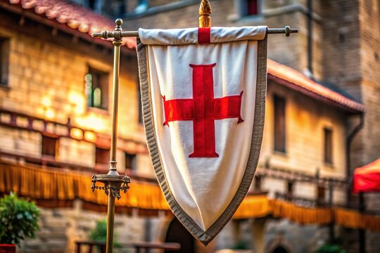 A medieval-inspired banner displaying a white mantling with a bold red cross, symbolizing courage, chivalry, and faith, against a blurred historical background.