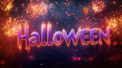 "Halloween" written in a playful, hand-painted style, its vibrant letters illuminated by the dazzling display of fireworks erupting in the sky above.