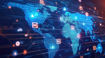 Fototapeta premium Representation of global online networks with digital symbols floating over a world map, no people