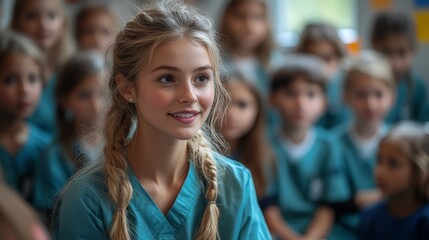 Fototapeta premium Young Woman with Blonde Hair in Blue Scrubs Smiling