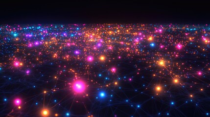 Virtual network map showing glowing dots connected by lines, representing online collaboration, no people