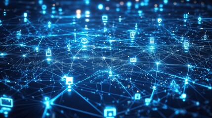 Obraz premium Web of digital symbols and nodes over a tech-inspired background, symbolizing virtual connections, no people