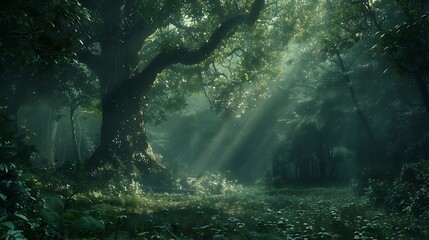 Fototapeta premium Silent forest with beautiful bright sun rays