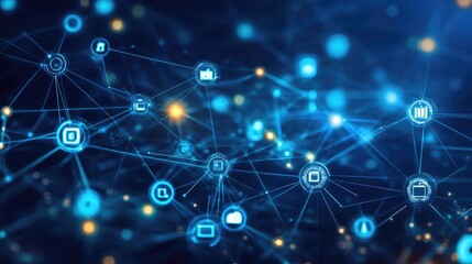 Obraz premium Web of digital symbols and nodes over a tech-inspired background, symbolizing virtual connections, no people