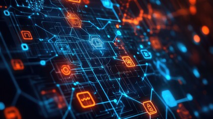 Obraz premium Web of digital symbols and nodes over a tech-inspired background, symbolizing virtual connections, no people