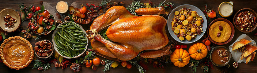 Thanksgiving Dinner Feast with Roasted Turkey Pumpkin Pie Pecan Pie and Green Beans