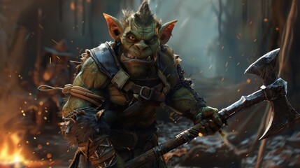 Primitive Goblin Warrior with an axe. AI generated image