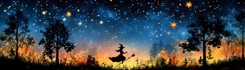 Naklejka premium Witch Flying Under a Starry Night Sky