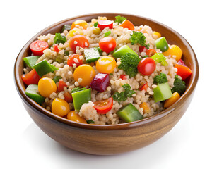 Bowl of quinoa salad with mixed vegetables and a sprinkle of seeds, isolated on white background. Clipping path