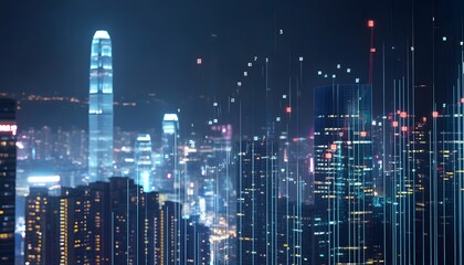 Obraz premium Cityscape with Vertical Neon Lines and Blurred Lights