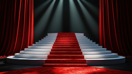 A grand scene featuring a staircase with red carpet, illuminated by bright stage lights, perfect for award ceremonies or events.