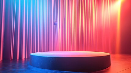 A vibrant stage with colorful lighting and curtains, perfect for performances, events, or presentations, creating an engaging atmosphere.