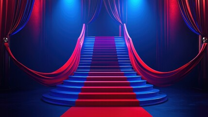Elegant red carpet entrance with blue lights, perfect for events, ceremonies, or movie premieres, creating a glamorous atmosphere.