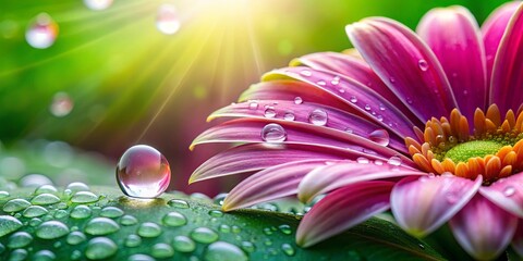 Close up of water droplets on delicate flower petals with a green leaf in the background