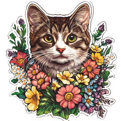 This picture is a drawing of a cat with brown and white striped fur. The cat's face looked serious but contained a calm expression. Has clear green eyes The cat was surrounded by beautifully blooming 