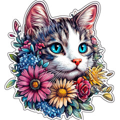 This picture is a drawing of a cat with brown and white striped fur. The cat's face looked serious but contained a calm expression. Has clear green eyes The cat was surrounded by beautifully blooming 
