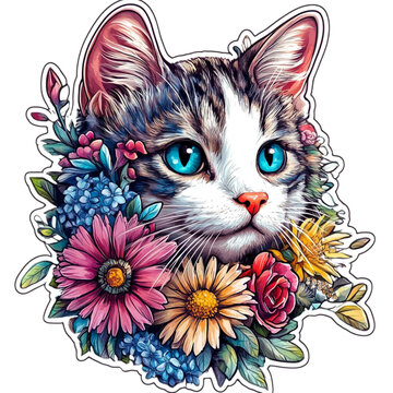 This picture is a drawing of a cat with brown and white striped fur. The cat's face looked serious but contained a calm expression. Has clear green eyes The cat was surrounded by beautifully blooming 