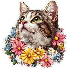 This picture is a drawing of a cat with brown and white striped fur. The cat's face looked serious but contained a calm expression. Has clear green eyes The cat was surrounded by beautifully blooming 
