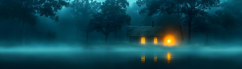Mysterious Cabin in the Fog at Night