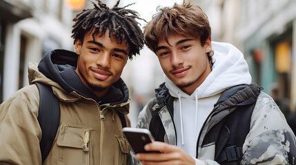 Fototapeta premium Two young men looking at a smartphone in the city.