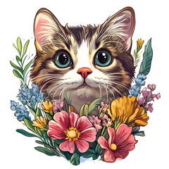 This picture is a drawing of a cat with brown and white striped fur. The cat's face looked serious but contained a calm expression. Has clear green eyes The cat was surrounded by beautifully blooming 