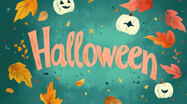 "Halloween" written in a playful, hand-painted style using bold, vibrant colors on a muted, sage green background.