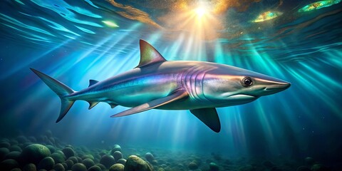 Fototapeta premium Iridescent shark eyes and scales reflecting light in an underwater treasure scene