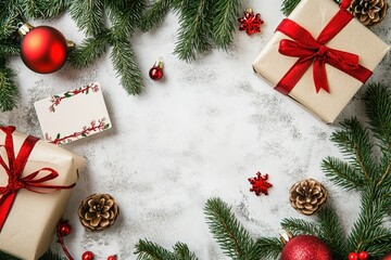 Festive Christmas presents surrounded by holiday decorations, creating a warm and cheerful atmosphere for the season.