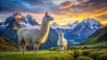 A proud llama stands besides its soft fleeced alpaca companion amidst a lush green meadow with a backdrop of snow-capped Andean mountains at dawn.