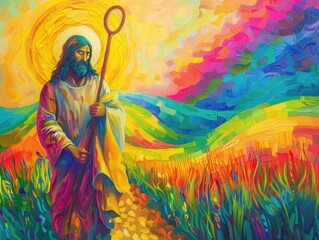 Fototapeta premium Jesus with a shepherds staff in a rainbow-lit landscape