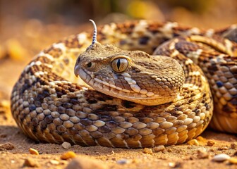 Fototapeta premium Venomous puff adder snake, also known as Bitis arietans, curls up defensively, exhibiting scaly texture and menacing gaze in a desert habitat.