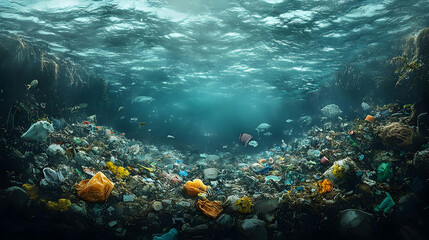 Fototapeta premium Underwater view of plastic pollution on the ocean floor.