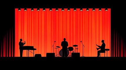 Silhouette Band Performing On Stage With Red Curtains And Spotlights