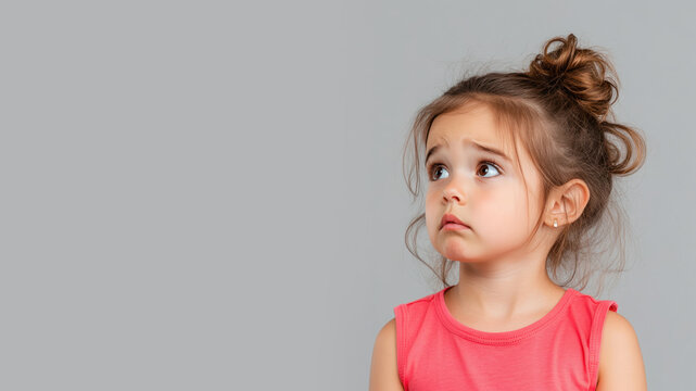 French little girl angry expression looking at copy space, isolated on gray