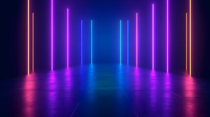 Vibrant neon light beams reflecting on a dark tiled floor.