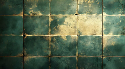 Naklejka premium Green and Gold Tiled Wall Texture Background