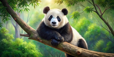 Obraz premium A serene painting of a panda bear in its natural habitat, resting on a tree branch