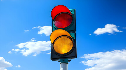 Traffic Light Yellow Warning Signal in Blue Sky with Clouds