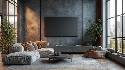 A modern living room with a large TV screen, a comfortable sofa, a coffee table, and large windows with a city view.