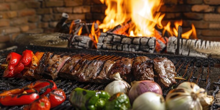 Meat peppers and onions roasting on a traditional Uruguayan parrilla grill with firewood and flames in a restaurant kitchen