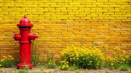 Red fire hydrant standing out against a yellow brick wall with lush grass and wildflowers